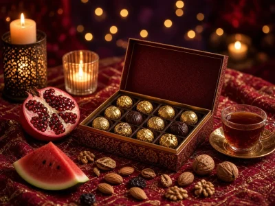 شکلات یلدا؛ جعبه شکلات خارجی کادویی کنار انار، هندوانه و شمع شب یلدا